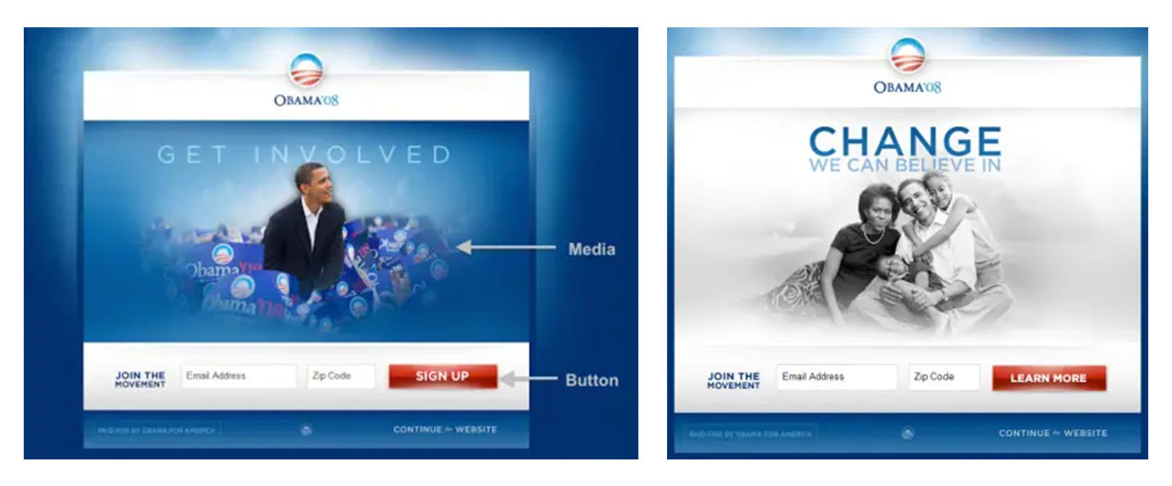 Two versions of the website home page for the 2008 Obama US presidential campaign. The first version shows the original design including an image of Barack Obama with the text 